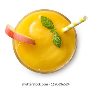 Glass Of Mango Smoothie With Straw Isolated On White Background. Top View