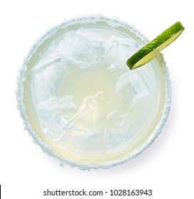 Glass of Margarita cocktail isolated on white background. Top view