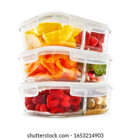 Glass Meal Prep Containers Isolated On White Background. Set Of 3.3 Oz Food Storage Containers With 2 Compartment And Vented Lids Filled With Fruits And Vegetables Front Side View