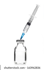 Glass Medicine Vial and botox, hualuronic, collagen or flu Syringe on a white background