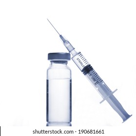 Glass Medicine Vial and botox, hualuronic, collagen or flu Syringe on a white background.