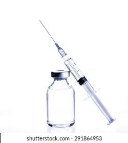 Glass Medicine Vial and botox hualuronic collagen or flu syringe. Tinted image.