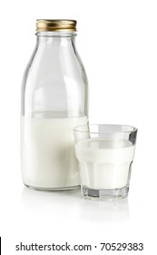 Glass Of Milk And Bottle On White Background