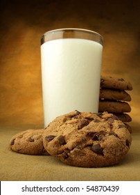 Glass Of Milk And Chocolate Chip Cookies 