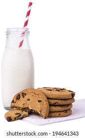 Glass Of Milk And Cookies, Isolated On White Background.