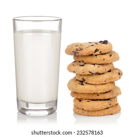 Glass Of Milk And Cookies On A White Background.