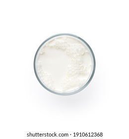 Glass Of Milk Isolated On White Background, Top View