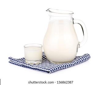 A Glass Of Milk And A Milk Jug On Plaid Tablecloth.