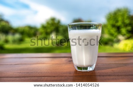 A glass of milk on the background of the summer garden on a wooden table.