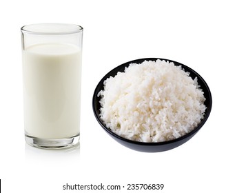 Glass Of Milk And Rice Isolated On White