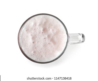 Glass Mug With Cold Tasty Beer On White Background, Top View