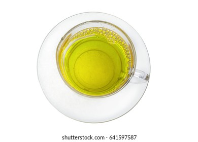 Glass Mug Of Pure Green Tea With Brewing From Above