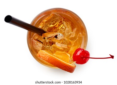 Glass Of Old Fashioned Cocktail Isolated On White Background. Top View