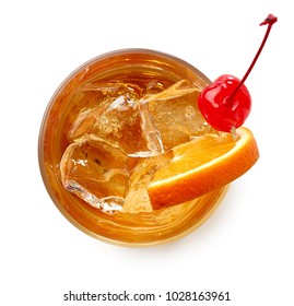 Glass Of Old Fashioned Cocktail Isolated On White Background. Top View