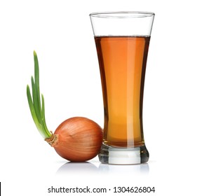 Glass Of Onion Juice And Whole Onion On White Background