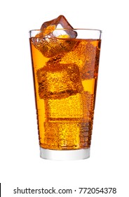 Glass Of Orange Energy Carbonated Soda Drink With Ice On White Background