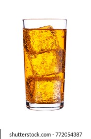 Glass Of Orange Energy Carbonated Soda Drink With Ice On White Background