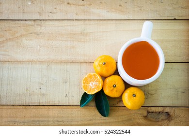 Glass Of Orange Juice From Above On Vintage Wood Table. Empty Ready For Your Orange Juice, Fruit Product Display Or Montage.