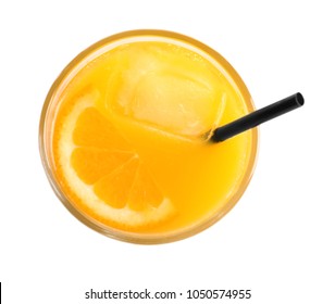 Glass Of Orange Juice With Ice Isolated On White, Top View