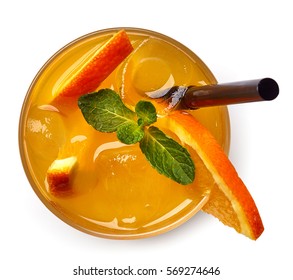 Glass Of Orange Soda Drink Isolated On White Background. From Top View