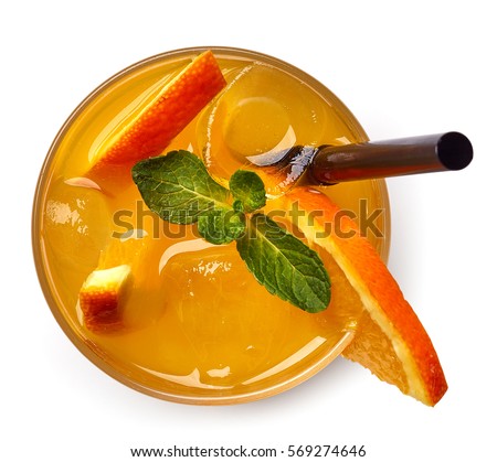 Glass of orange soda drink isolated on white background. From top view