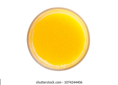 Glass Of Organic Fresh Orange Smoothie Juice Top View On White Background