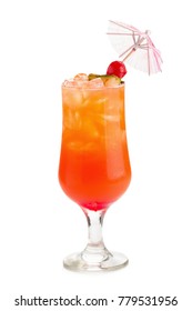 Glass Of Passion Fruit, Pineapple, And Pomegranate Cocktail. Isolated On White Background.