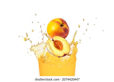 Glass of peach juice with splash solated on white background.