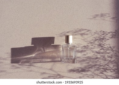 Glass Perfume Bottle With Botanical Shadows And Sunlight. Unisex Perfume Concept