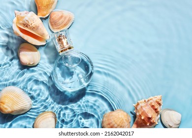 Glass Perfume Bottle And Sea Shells In Spray Water Background. Marine Summer Fragrance Concept