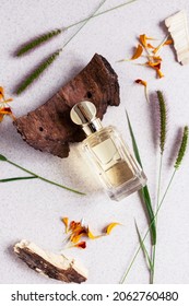 Glass Perfume Bottle With Wood Bark, Spikelets And Orange Petals. Autumn Unisex Perfume Concept