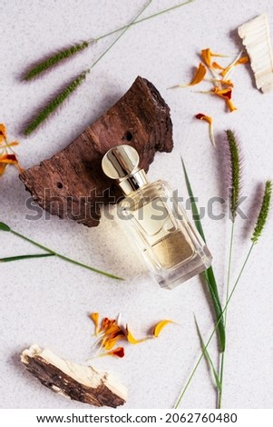 glass perfume bottle with wood bark, spikelets and orange petals. Autumn unisex perfume concept