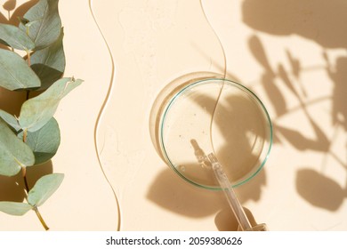 Glass petri dish with transparent pure serum for skin care on beige background, top view. Concept laboratory tests, research, making natural organic cosmetic, natural cosmetics with shadow overlay