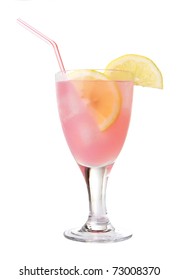 Glass Of Pink Lemonade With Ice And Lemon Wedges