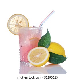 Glass Of Pink Lemonade And Lemons With Leaves