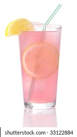 Glass Of Pink Lemonade On Ice With Lemon Wedges And Straw