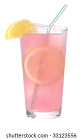 Glass Of Pink Lemonade On Ice With Lemon Wedges And Straw