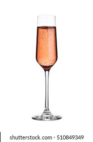 Glass Of Pink Rose Champagne With Bubbles On White Background Isolated