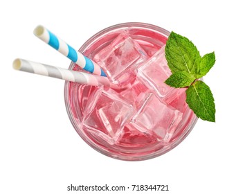 Glass Of Pink Soda Drink With Ice Isolated On White Background, Top View