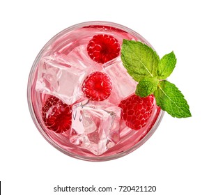 Glass Of Pink Soda Drink With Ice And Raspberry Isolated On White Background, Top View