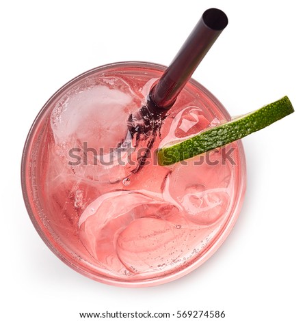 Glass of pink soda drink with ice isolated on white background. From top view