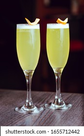 Glass Of Glass With Pisco Sour Chile, With A Slice Of Lemon, On The Restaurant Bar