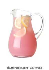 Glass Pitcher Of Pink Lemonade With Lemon Wedges On White Background