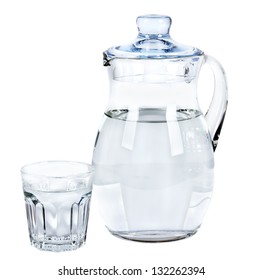 Glass And Pitcher With Water Isolated On White