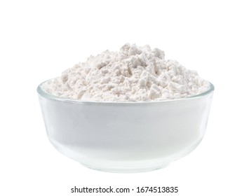 Glass Plate Filled With Corn Starch Isolated On A White Background.