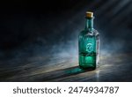 Glass poison bottle with skull and bones. Concept background on poison poisoning, pharmaceutical, chemistry, medical, old science topic. Poison, venom, toxin, toxic, bane, virus background. 