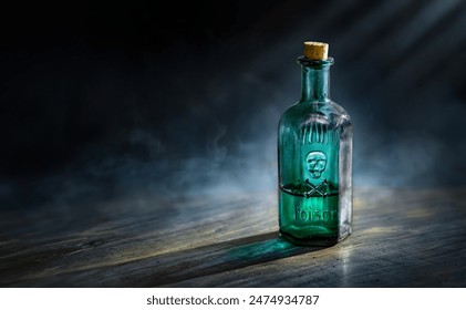 Glass poison bottle with skull and bones. Concept background on poison poisoning, pharmaceutical, chemistry, medical, old science topic. Poison, venom, toxin, toxic, bane, virus background. 