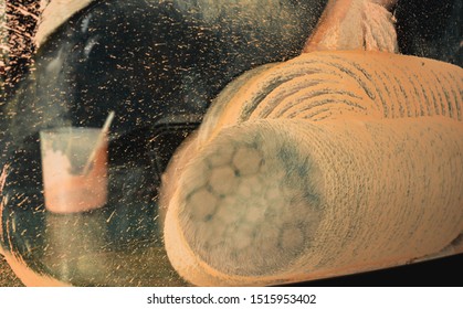 Glass Polishing Tool Seen Through Glass, Close-up On The Shapes Done By The Cerium Oxide Mix