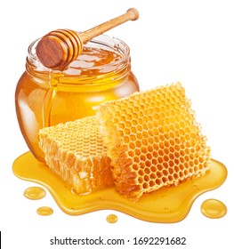 Glass Pot Of Honey, Honeycombs And Sweet Sticky Honey Puddle Isolated On White Background.