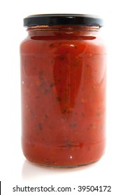 Glass Pot With Tomato Pasta Sauce Isolated Over White